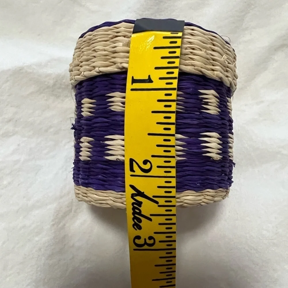 Miniature Basket Round Lidded~ Sweatgrass~ Origin Unknown~ Purple Accents.